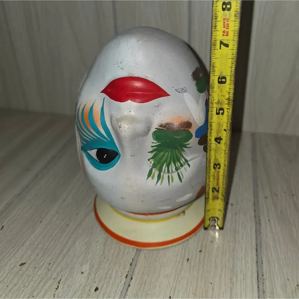 Vtg Mexican Folk Art Pottery Head Vase Mask Hand Painted Unique Signed Planter